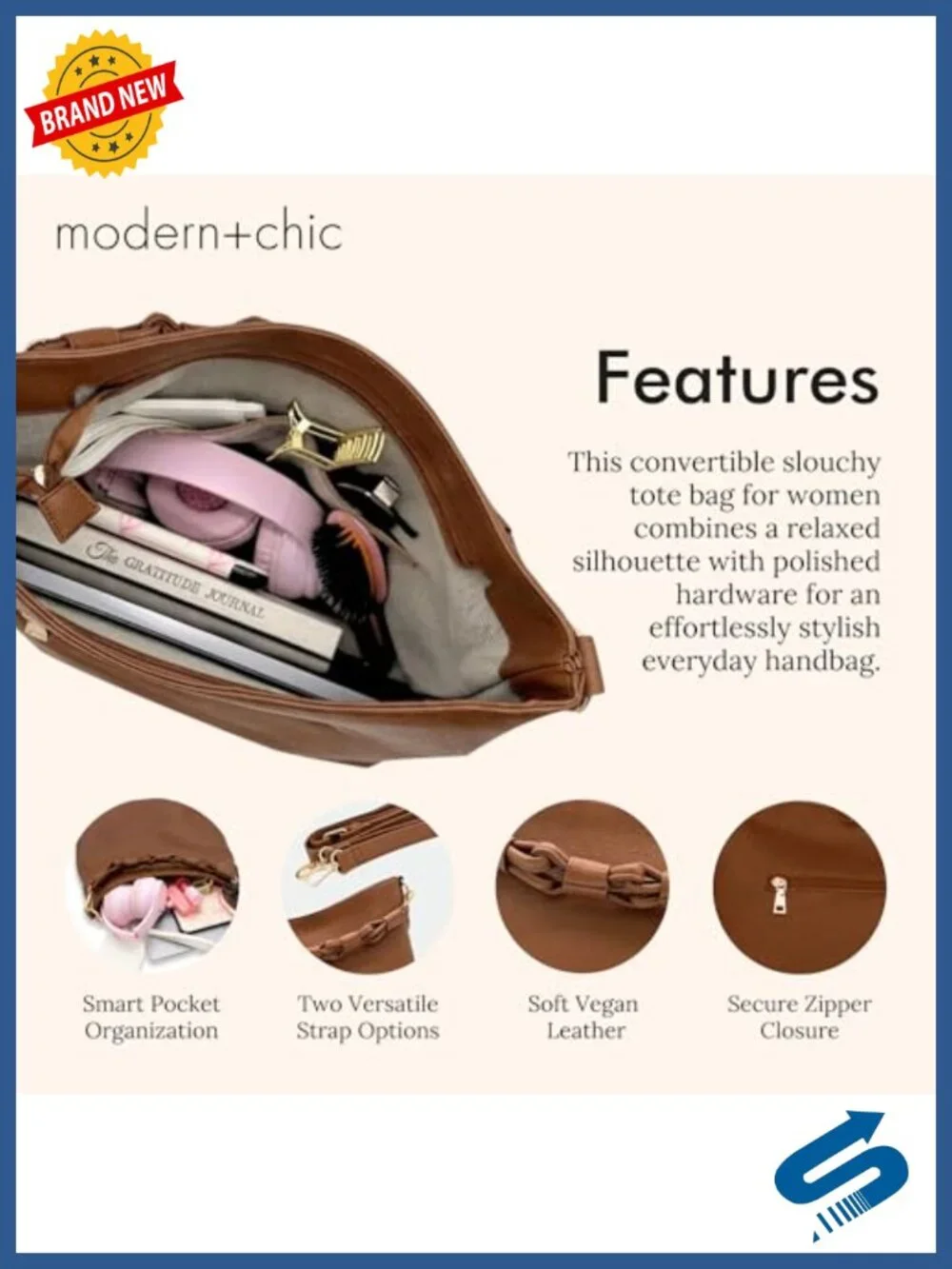 Convertible Slouchy Tote Crossbody Shoulder Bag Vegan Leather
